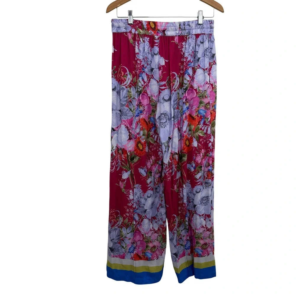 Aratta Silent Journey Pants Womens Small Red Floral Wide Leg Elastic Waist Boho